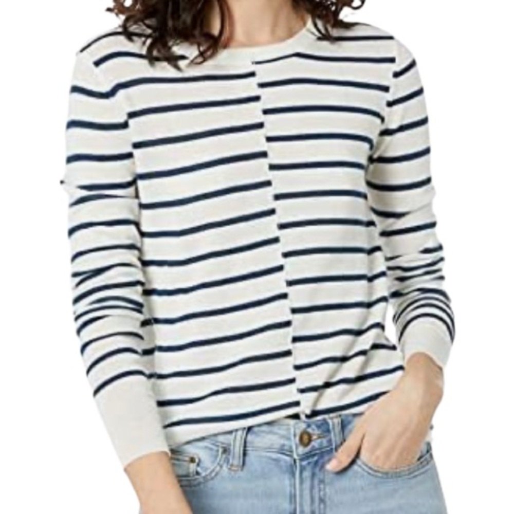 PAIGE Allie Merino Wool Blend Long Sleeve Sweater Ivory Navy Stripe Size XS
